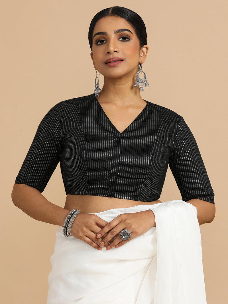 Utsa x Rozaana | Elbow Sleeves Saree Blouse in Black Silver Stripe Cotton-Binks