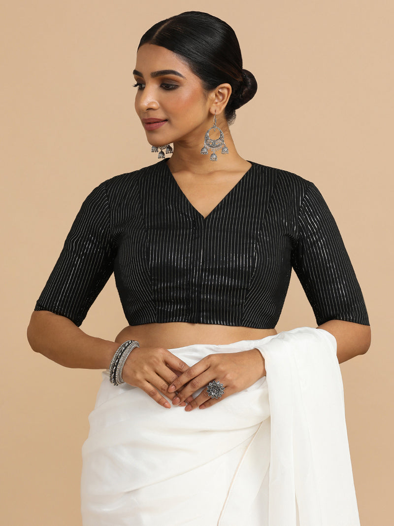 Utsa x Rozaana | Elbow Sleeves Saree Blouse in Black Silver Stripe Cotton-Binks