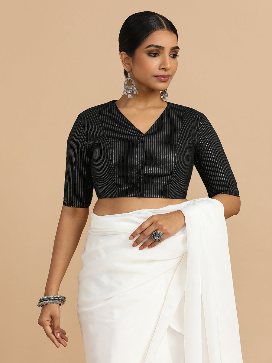 Utsa x Rozaana Saree Blouse, in Black 100% Cotton & Lurex, featuring elbow sleeves and v-neckline, made for party & festive.