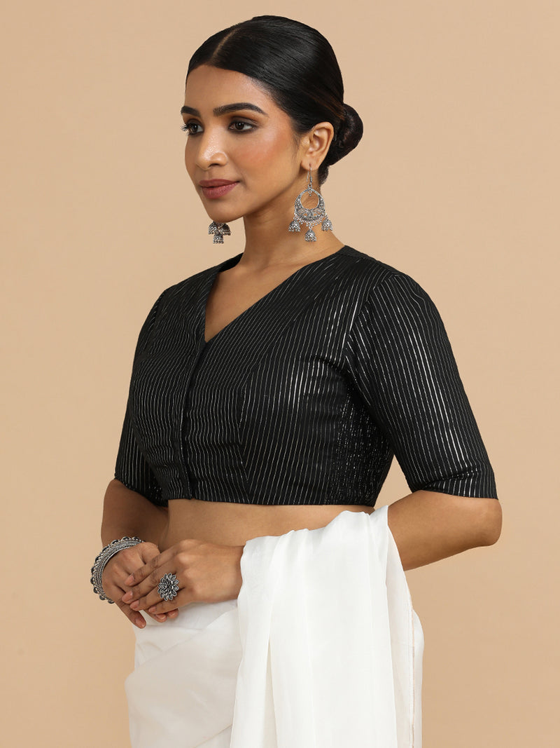 Utsa x Rozaana | Elbow Sleeves Saree Blouse in Black Silver Stripe Cotton-Binks
