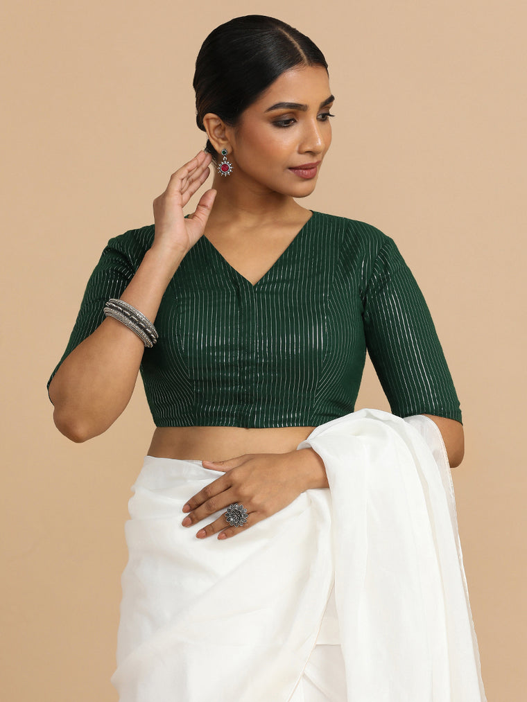 Utsa x Rozaana Saree Blouse, in Green 100% Cotton & Lurex, featuring elbow sleeves and v-neckline, made for party & festive.