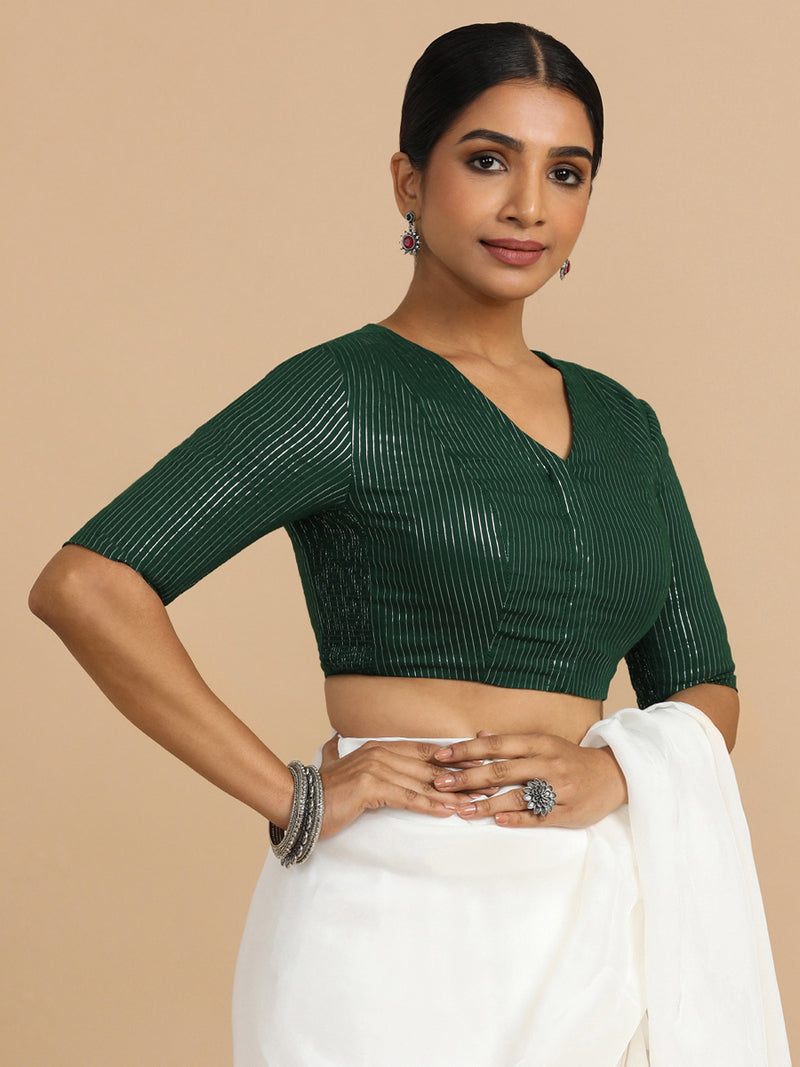 Utsa x Rozaana | Elbow Sleeves Saree Blouse in Dark Green Silver Stripe Cotton-Binks