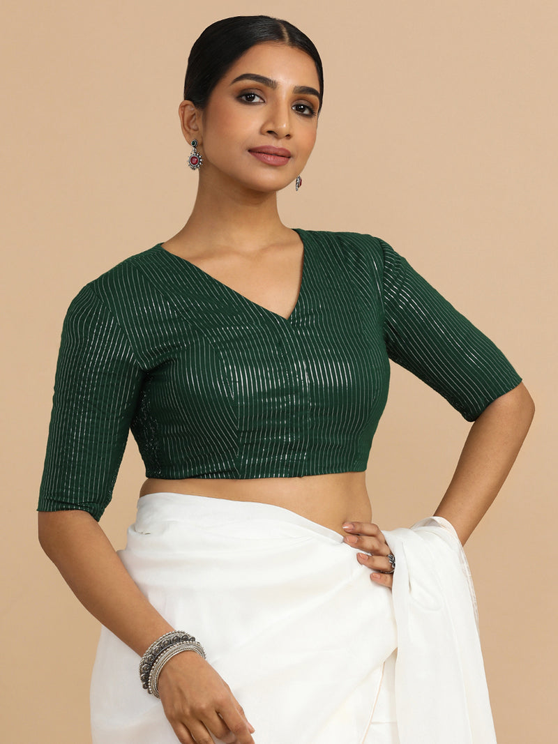 Utsa x Rozaana | Elbow Sleeves Saree Blouse in Dark Green Silver Stripe Cotton-Binks