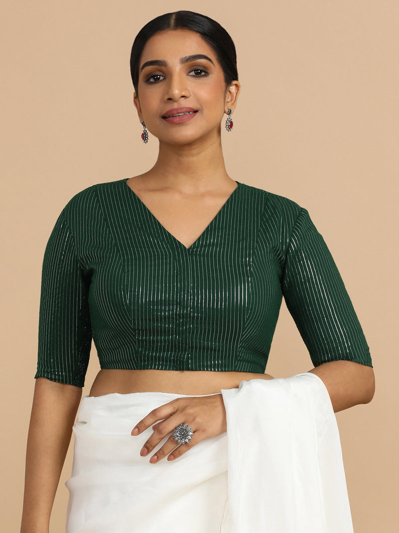 Utsa x Rozaana | Elbow Sleeves Saree Blouse in Dark Green Silver Stripe Cotton-Binks