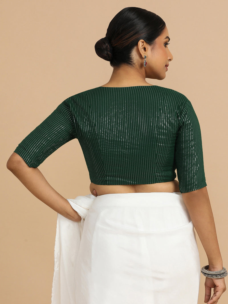 Utsa x Rozaana | Elbow Sleeves Saree Blouse in Dark Green Silver Stripe Cotton-Binks