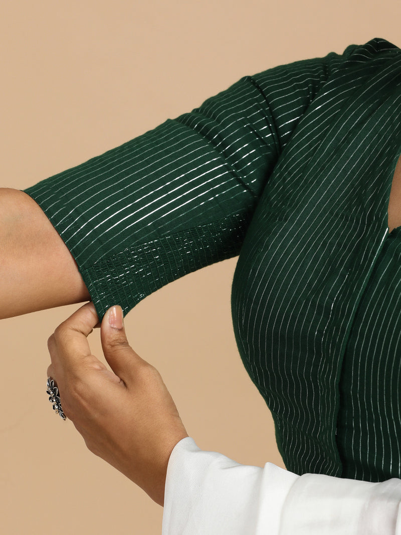 Utsa x Rozaana | Elbow Sleeves Saree Blouse in Dark Green Silver Stripe Cotton-Binks