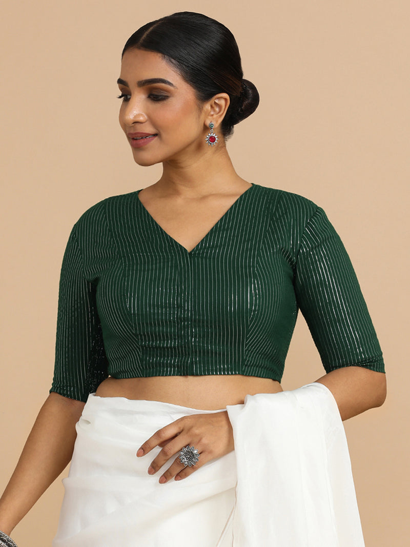 Utsa x Rozaana | Elbow Sleeves Saree Blouse in Dark Green Silver Stripe Cotton-Binks