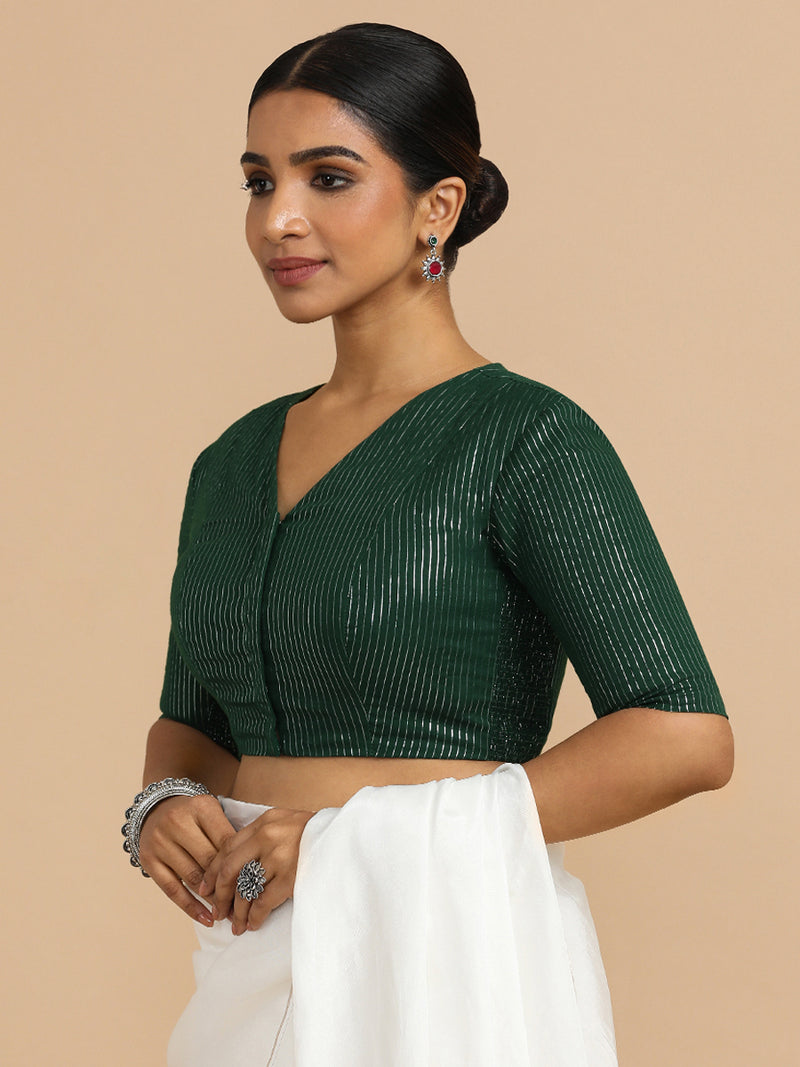 Utsa x Rozaana | Elbow Sleeves Saree Blouse in Dark Green Silver Stripe Cotton-Binks