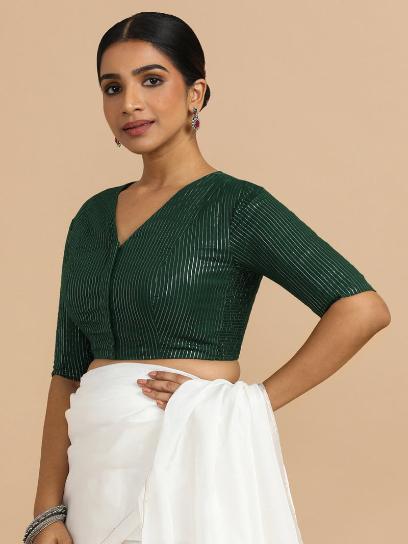 Utsa x Rozaana | Elbow Sleeves Saree Blouse in Dark Green Silver Stripe Cotton-Binks
