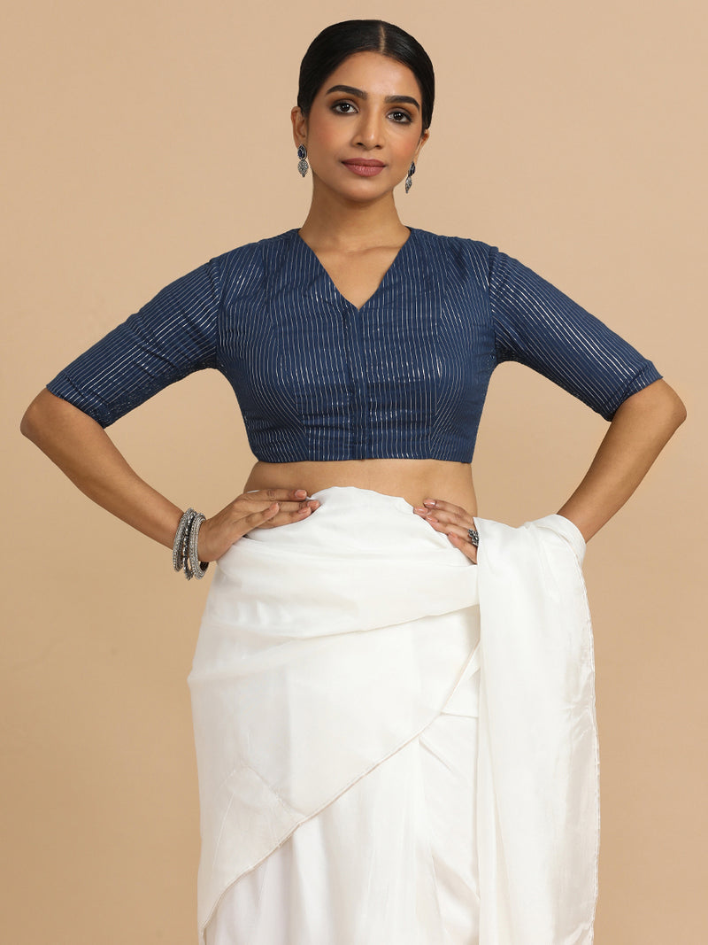 Utsa x Rozaana | Elbow Sleeves Saree Blouse in Indigo Silver Stripe Cotton-Binks