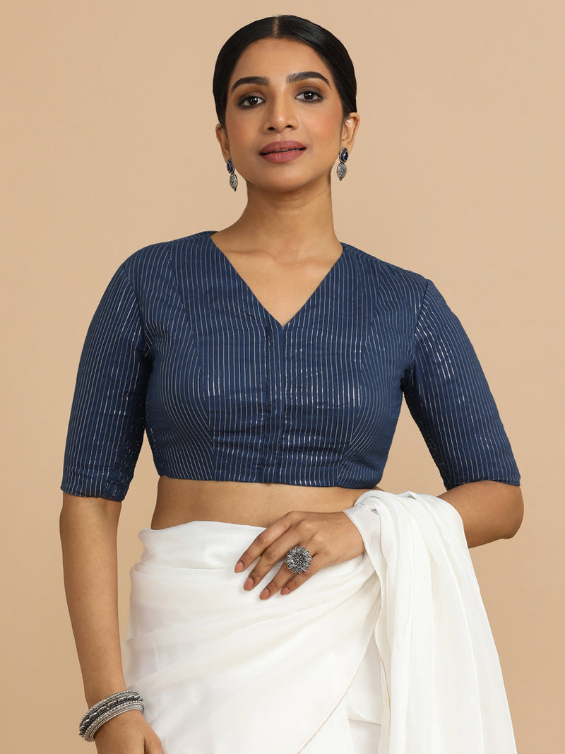 Utsa x Rozaana | Elbow Sleeves Saree Blouse in Indigo Silver Stripe Cotton-Binks
