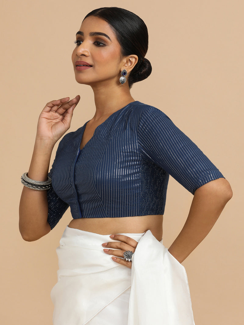Utsa x Rozaana | Elbow Sleeves Saree Blouse in Indigo Silver Stripe Cotton-Binks