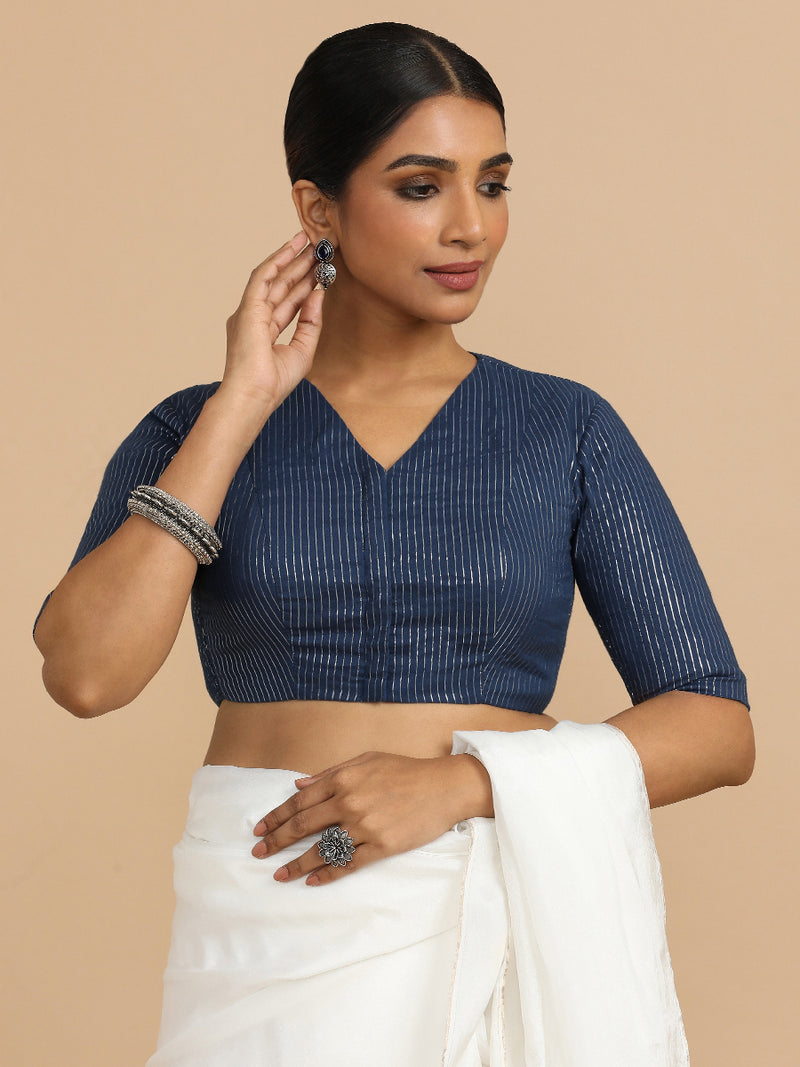 Utsa x Rozaana | Elbow Sleeves Saree Blouse in Indigo Silver Stripe Cotton-Binks