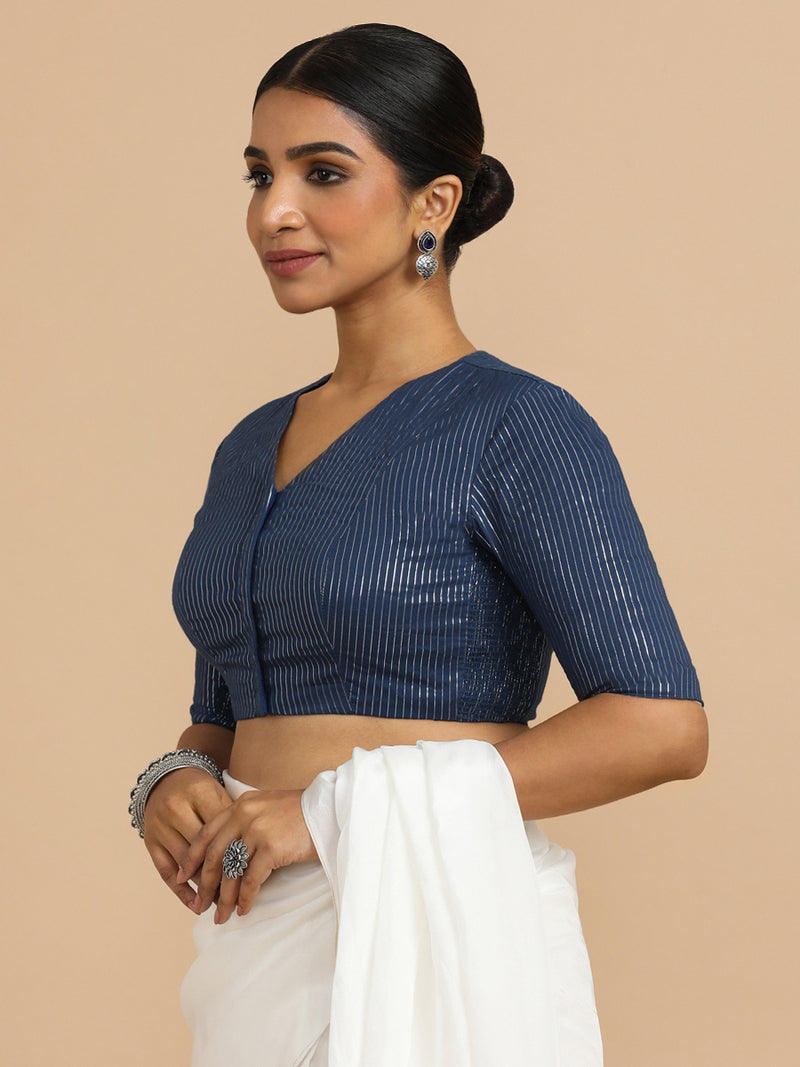 Utsa x Rozaana | Elbow Sleeves Saree Blouse in Indigo Silver Stripe Cotton-Binks