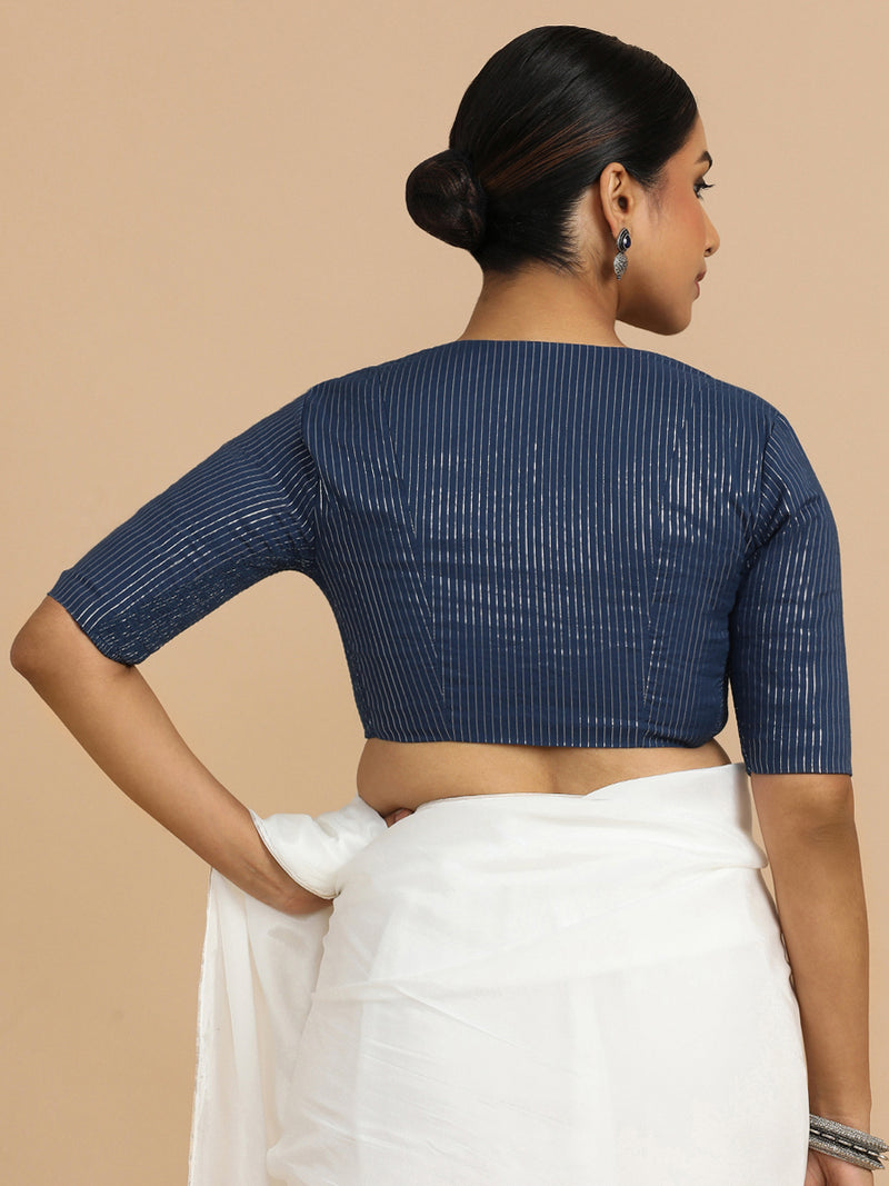Utsa x Rozaana | Elbow Sleeves Saree Blouse in Indigo Silver Stripe Cotton-Binks