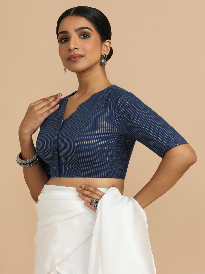 Utsa x Rozaana | Elbow Sleeves Saree Blouse in Indigo Silver Stripe Cotton-Binks