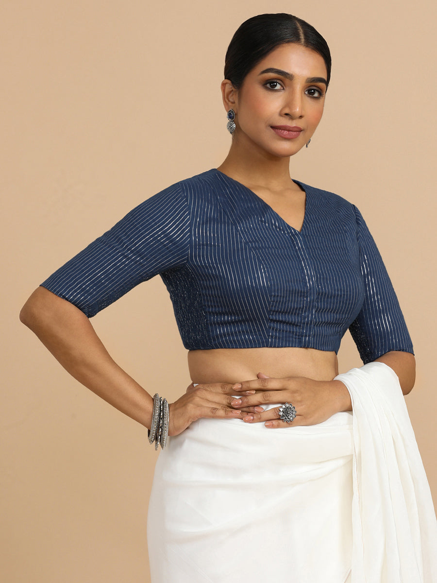 Utsa x Rozaana Saree Blouse, in Blue 100% Cotton & Lurex, featuring elbow sleeves and v-neckline, made for party & festive.