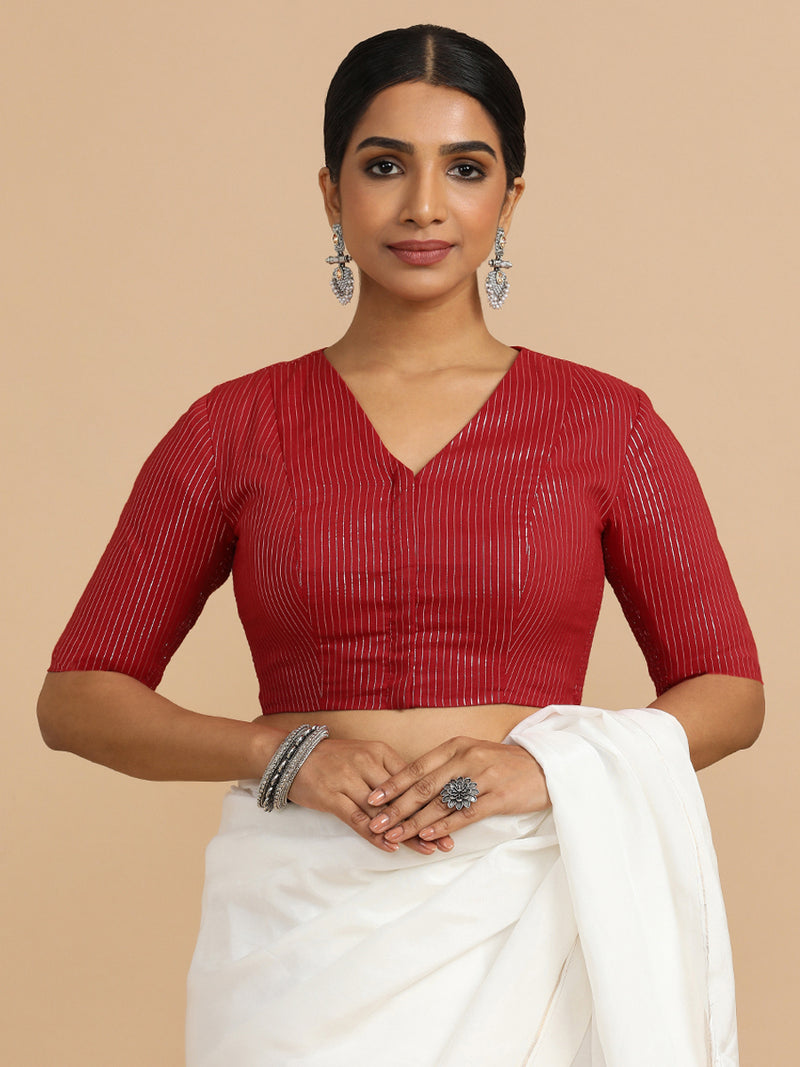 Utsa x Rozaana | Elbow Sleeves Saree Blouse in Red Silver Stripe Cotton-Binks