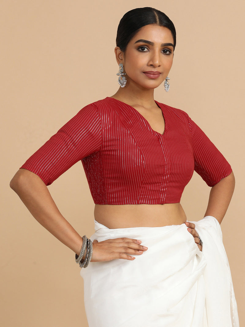 Utsa x Rozaana | Elbow Sleeves Saree Blouse in Red Silver Stripe Cotton-Binks