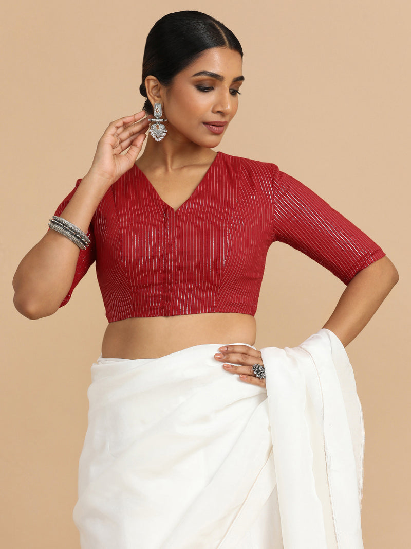 Utsa x Rozaana | Elbow Sleeves Saree Blouse in Red Silver Stripe Cotton-Binks