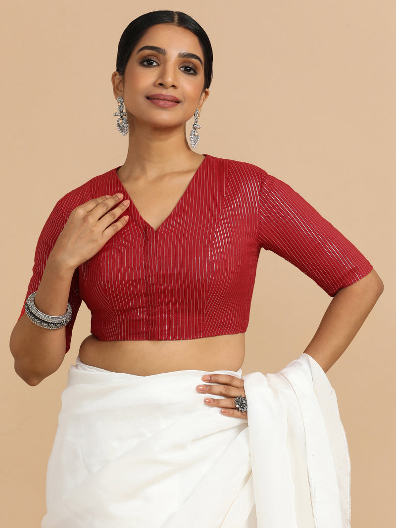Utsa x Rozaana | Elbow Sleeves Saree Blouse in Red Silver Stripe Cotton-Binks
