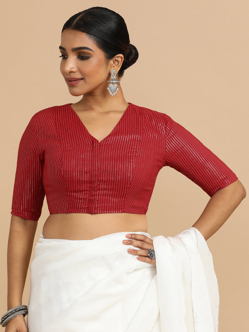 Utsa x Rozaana | Elbow Sleeves Saree Blouse in Red Silver Stripe Cotton-Binks