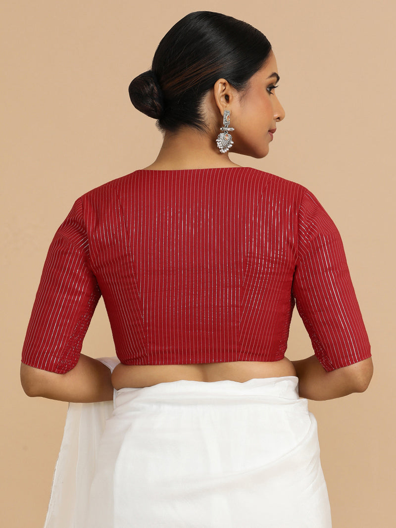 Utsa x Rozaana | Elbow Sleeves Saree Blouse in Red Silver Stripe Cotton-Binks