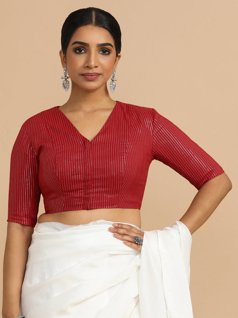 Utsa x Rozaana | Elbow Sleeves Saree Blouse in Red Silver Stripe Cotton-Binks
