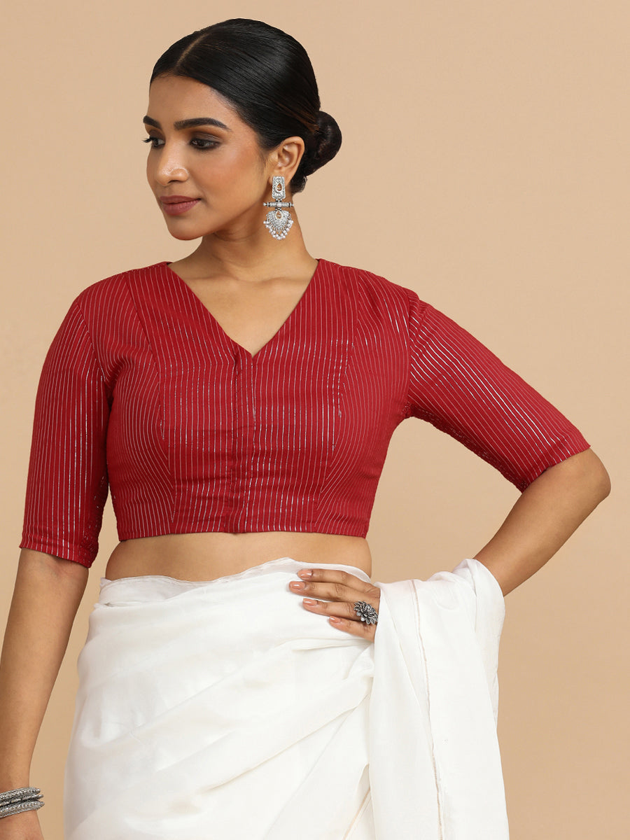 Utsa x Rozaana Saree Blouse, in Red 100% Cotton & Lurex, featuring elbow sleeves and v-neckline, made for party & festive.