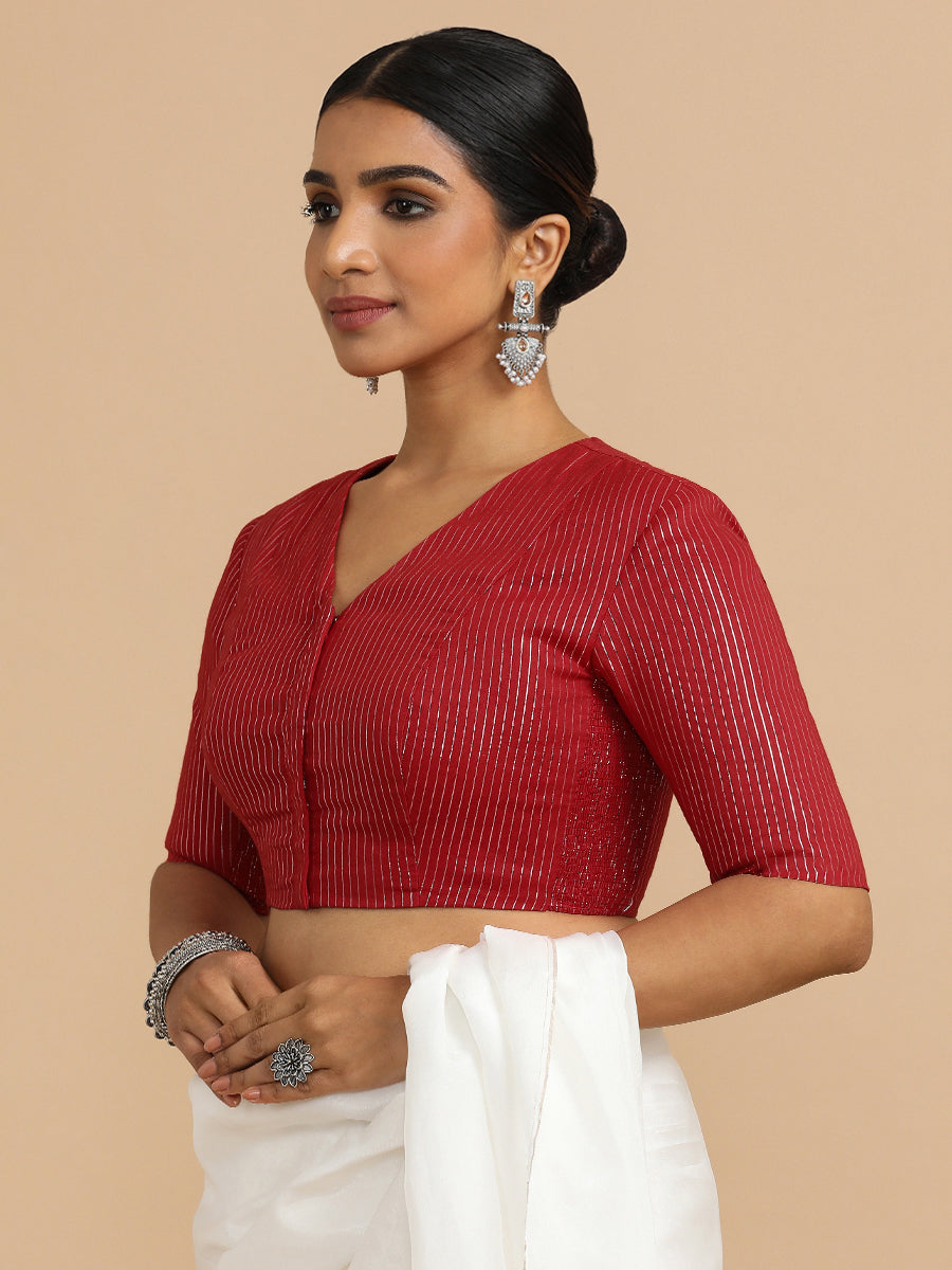 Utsa x Rozaana Saree Blouse, in Red 100% Cotton & Lurex, featuring elbow sleeves and v-neckline, made for party & festive.