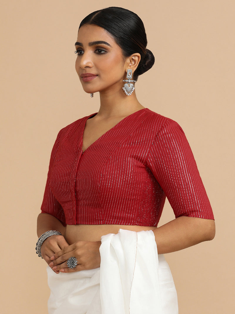 Utsa x Rozaana | Elbow Sleeves Saree Blouse in Red Silver Stripe Cotton-Binks