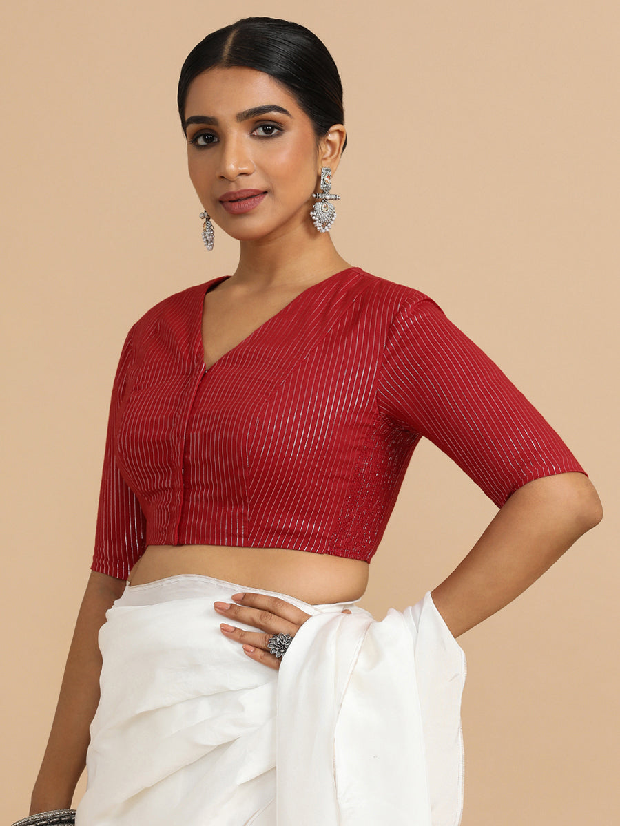 Utsa x Rozaana Saree Blouse, in Red 100% Cotton & Lurex, featuring elbow sleeves and v-neckline, made for party & festive.