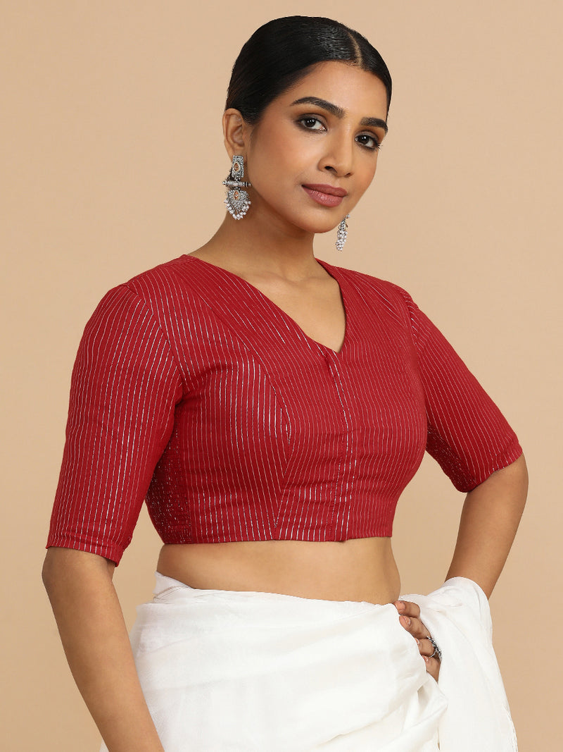 Utsa x Rozaana | Elbow Sleeves Saree Blouse in Red Silver Stripe Cotton-Binks
