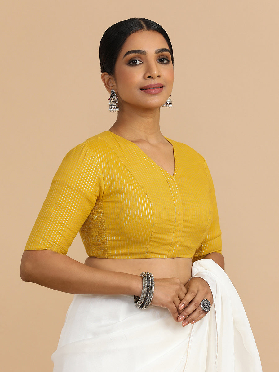 Utsa x Rozaana Saree Blouse, in Yellow 100% Cotton & Lurex, featuring elbow sleeves and v-neckline, made for party & festive.
