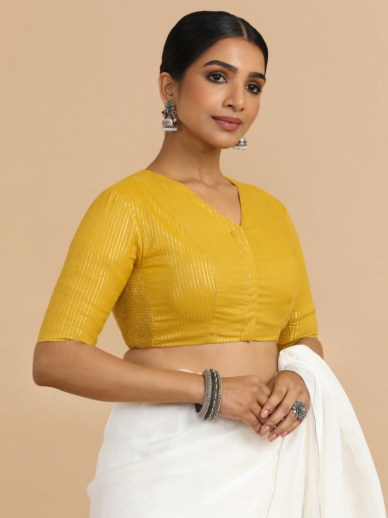 Utsa x Rozaana | Elbow Sleeves Saree Blouse in Turmeric Yellow Silver Stripe Cotton-Binks
