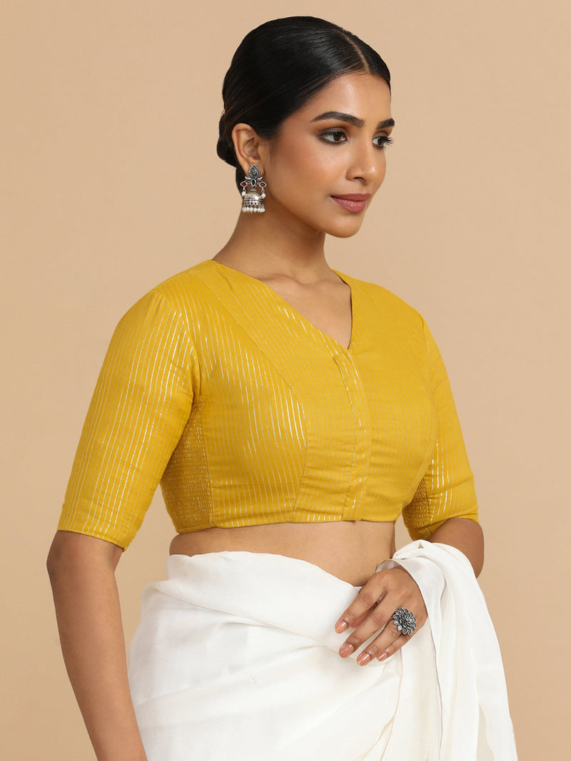 Utsa x Rozaana | Elbow Sleeves Saree Blouse in Turmeric Yellow Silver Stripe Cotton-Binks