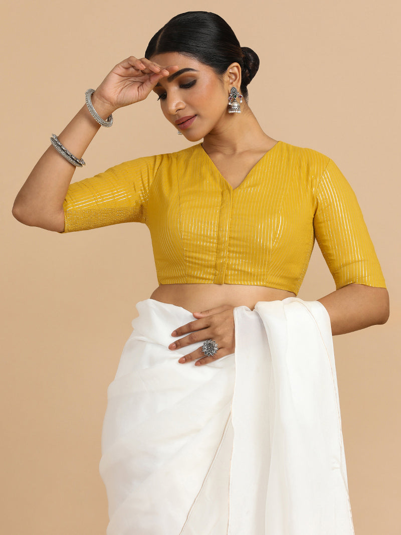 Utsa x Rozaana | Elbow Sleeves Saree Blouse in Turmeric Yellow Silver Stripe Cotton-Binks