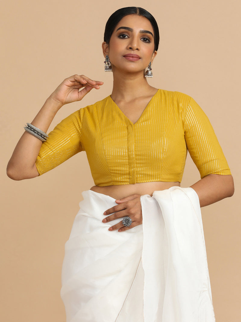 Utsa x Rozaana | Elbow Sleeves Saree Blouse in Turmeric Yellow Silver Stripe Cotton-Binks