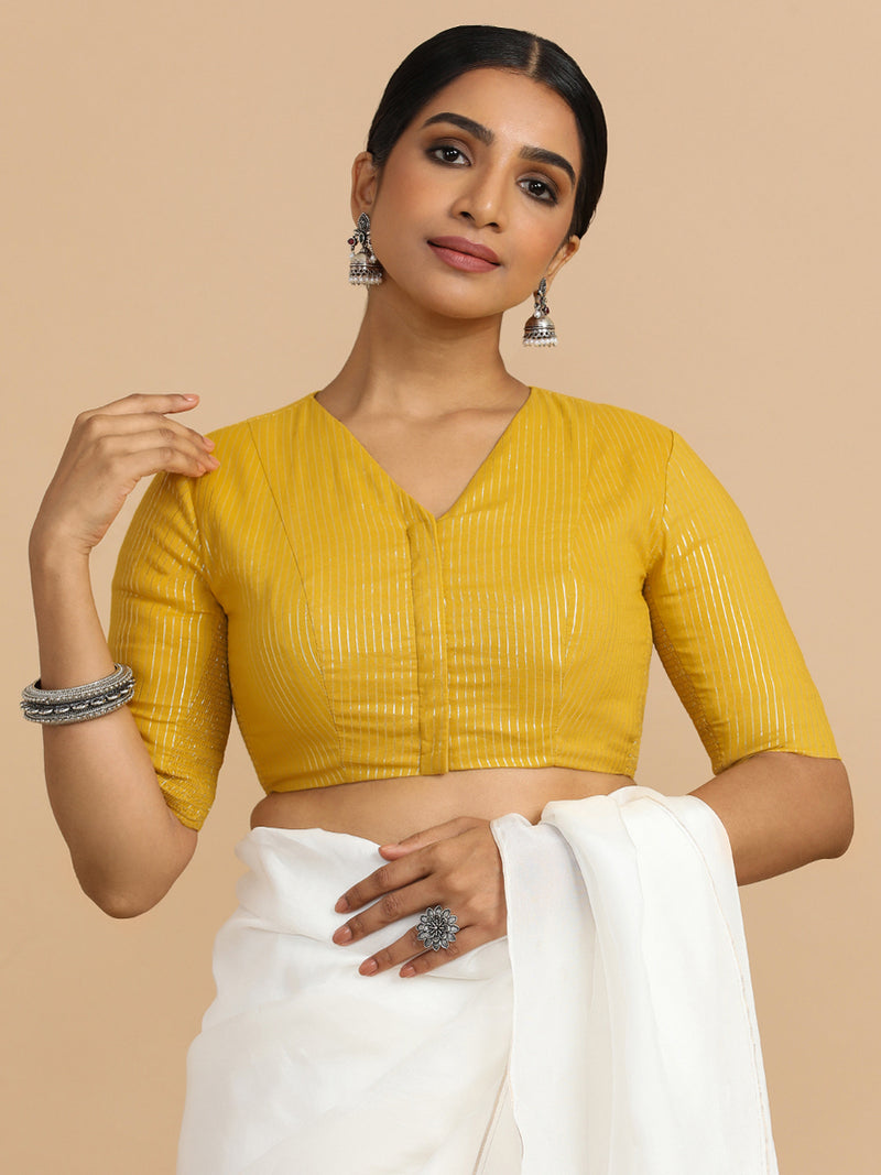 Utsa x Rozaana | Elbow Sleeves Saree Blouse in Turmeric Yellow Silver Stripe Cotton-Binks