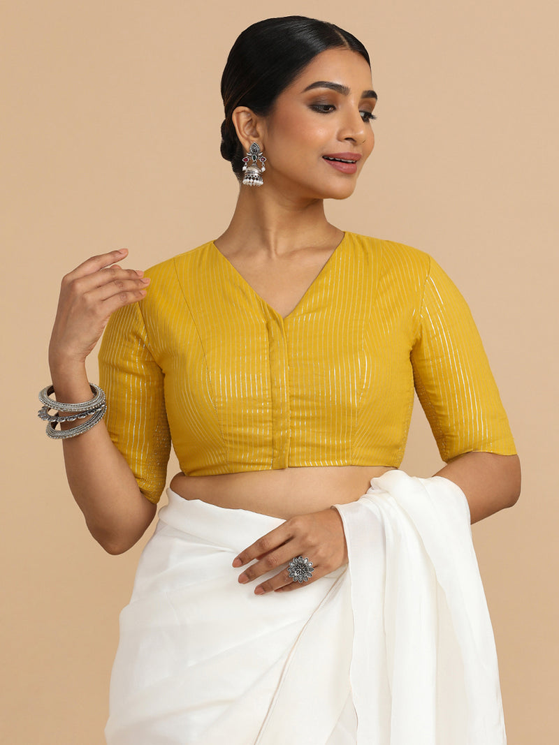 Utsa x Rozaana | Elbow Sleeves Saree Blouse in Turmeric Yellow Silver Stripe Cotton-Binks