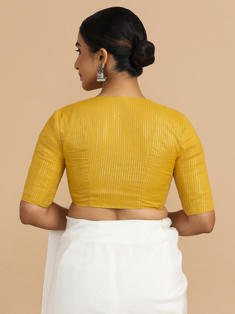 Utsa x Rozaana | Elbow Sleeves Saree Blouse in Turmeric Yellow Silver Stripe Cotton-Binks