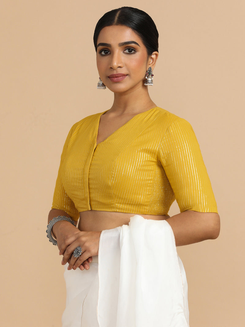 Utsa x Rozaana | Elbow Sleeves Saree Blouse in Turmeric Yellow Silver Stripe Cotton-Binks