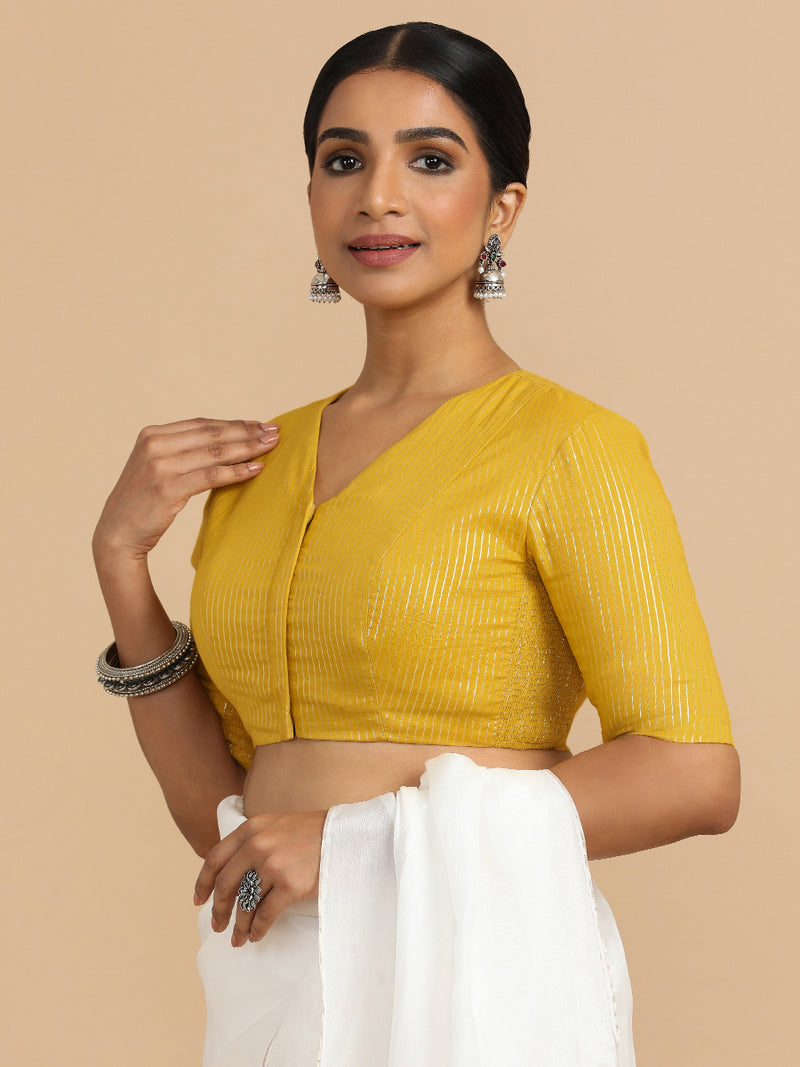 Utsa x Rozaana | Elbow Sleeves Saree Blouse in Turmeric Yellow Silver Stripe Cotton-Binks