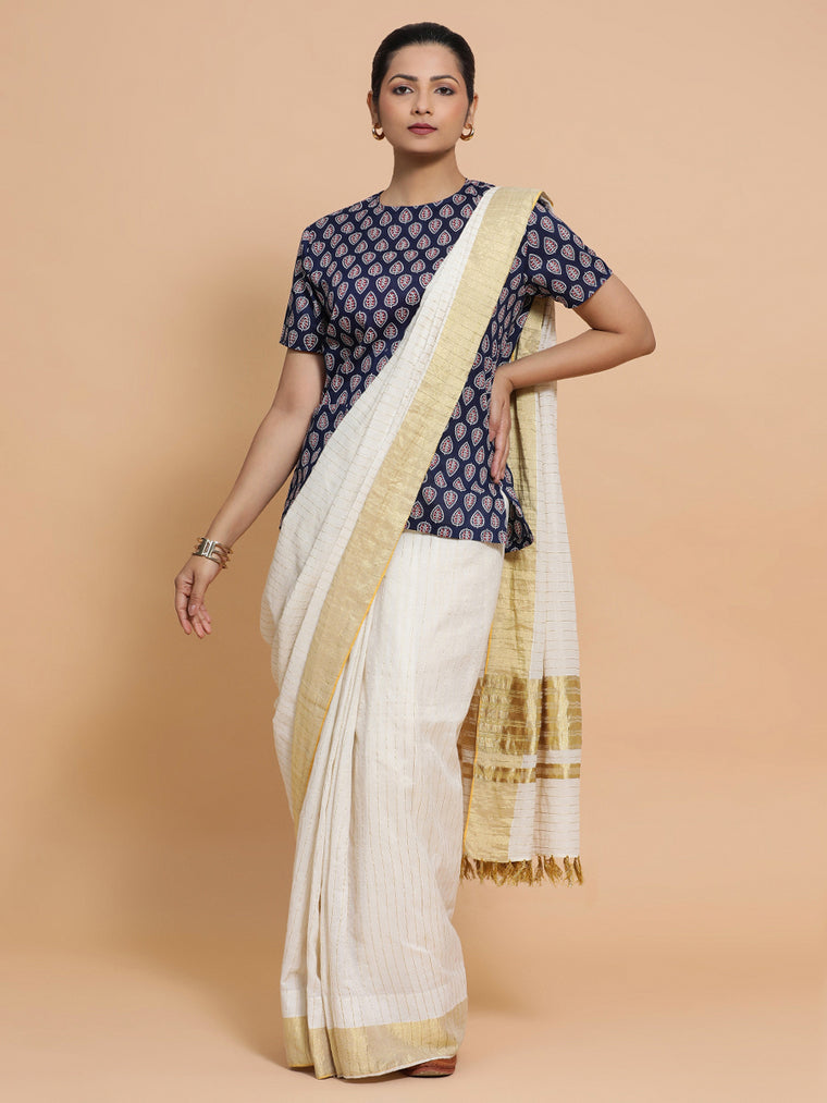 Vaishnavi x Rozaana Saree Blouse, in Blue Cotton, featuring short sleeves and jewel neckline, made for daily & work.
