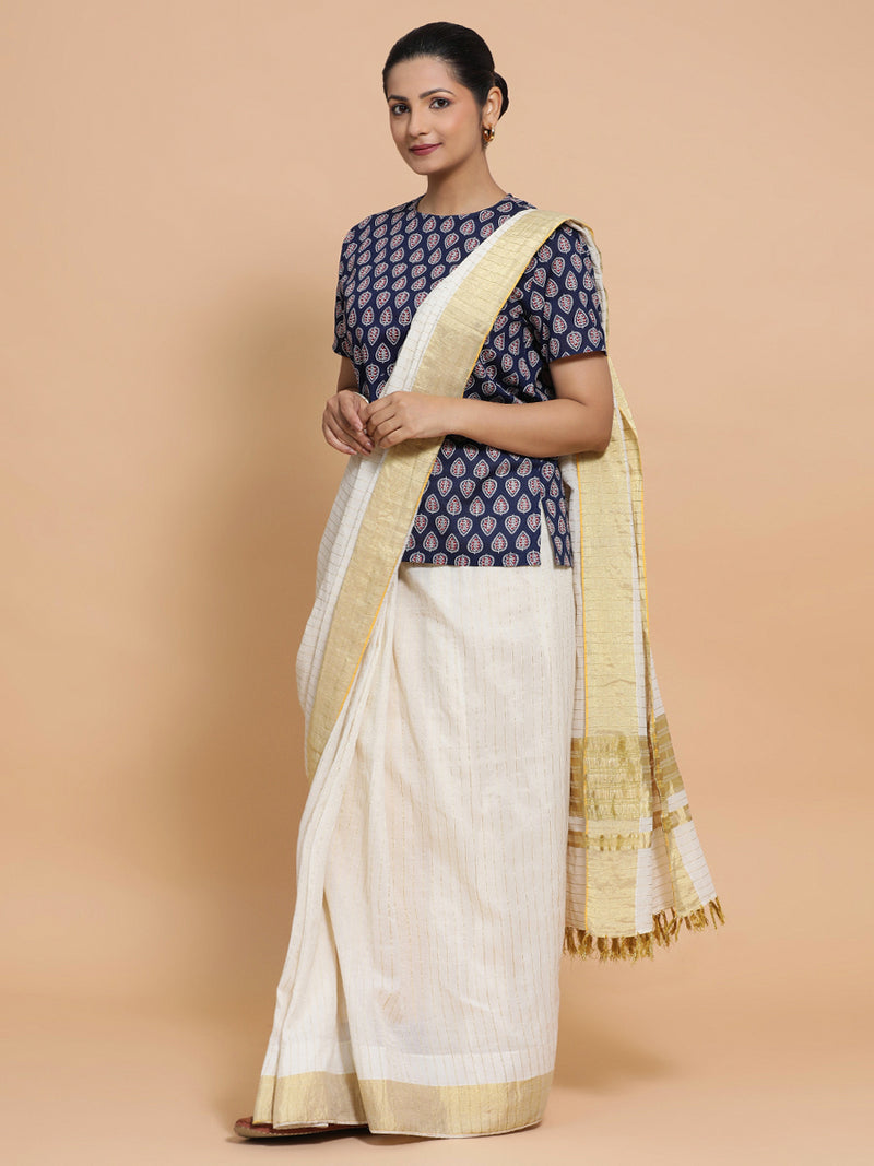 Vaishnavi x Rozaana | Short Sleeves Cotton Saree Blouse in Indigo Blue Spade Block Print Fabric-Binks