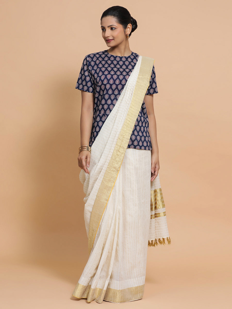 Vaishnavi x Rozaana Saree Blouse, in Blue Cotton, featuring short sleeves and jewel neckline, made for daily & work (view 7).