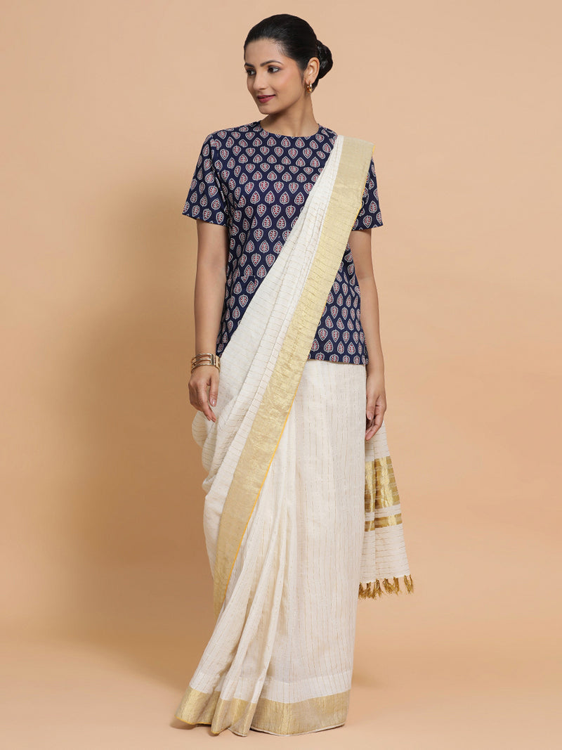 Vaishnavi x Rozaana | Short Sleeves Cotton Saree Blouse in Indigo Blue Spade Block Print Fabric-Binks