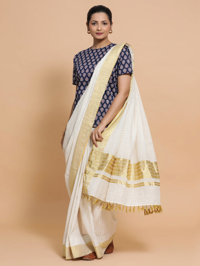 Vaishnavi x Rozaana | Short Sleeves Cotton Saree Blouse in Indigo Blue Spade Block Print Fabric-Binks