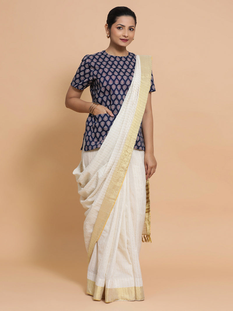 Vaishnavi x Rozaana | Short Sleeves Cotton Saree Blouse in Indigo Blue Spade Block Print Fabric-Binks