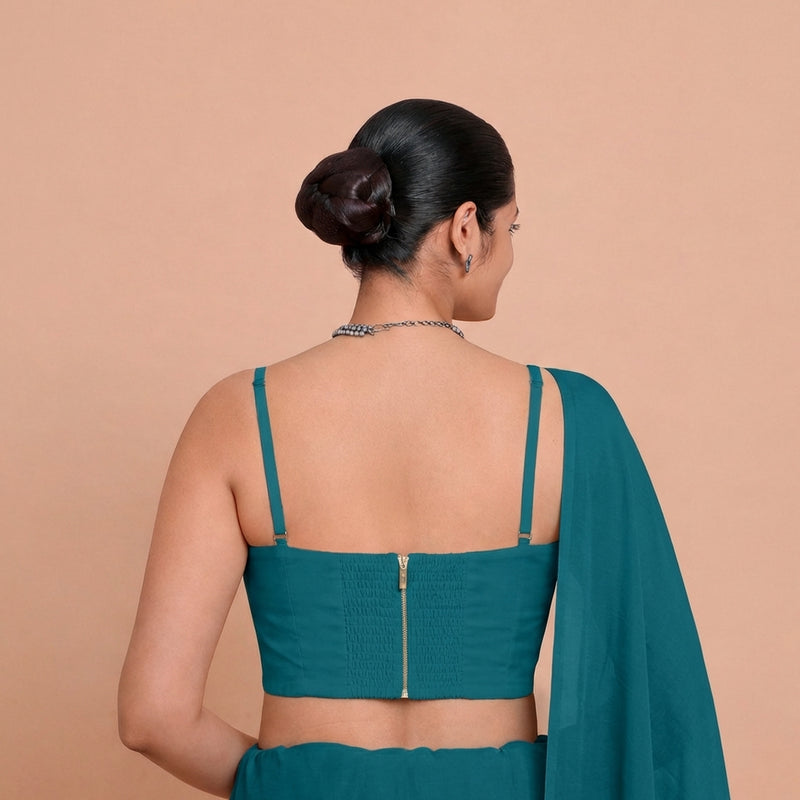 Vamika x Tyohaar | Sweetheart Neck Crystal Teal Solid Viscose Saree Blouse-Binks